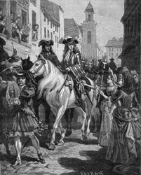 Kamisardenkrieg (1702-1704): Ein Katholik versucht, den Anführer der Kamisarden, Jean Cavalier (1681-1740), zu berühren. Nîmes, Gard (30). Gravur aus dem 19. Jahrhundert. In „Geschichte Frankreichs“ von Jules Michelet