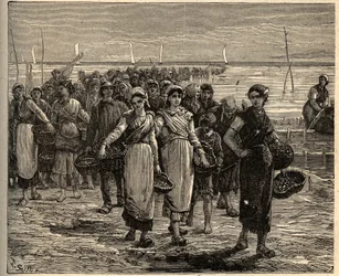 Cancale - Bretagne - Les cancalaises au retour des bateau de pêche - Gravur in 