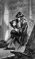 Kapitän Gabriel de Clieu (Declieux, Desclieux) (1687/1678- ca. 1774), beauftragt von König Ludwig XIV. im Jahr 1725, eine Kaffeepflanze nach Martinique zu bringen, teilt mit ihm seine Wasserration, um ihn vor der Dürre zu retten. Gravur des 19. Jahrhundert