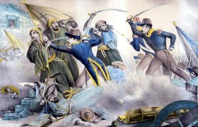 Eroberung von Konstantin in Algerien im Jahr 1837 durch Marschall Valée. Farblithografie aus dem 19. Jahrhundert.