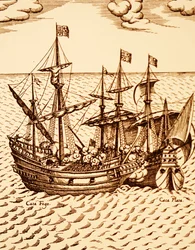 Eroberung der spanischen Galeone Cagafuego durch die Golden Hind unter der Führung von Francis Drake im März 1579 (Gravur)