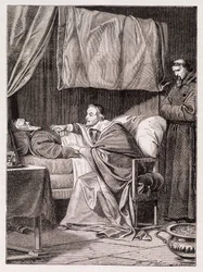 Kardinal Richelieu am Sterbebett von Pater Joseph - Gravur