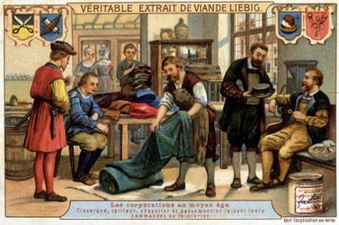 Berufe im Mittelalter: Weber, Schneider, Hutmacher und Pastetenbäcker bei der Beauftragung des Reinigers - Liebig-Chromolithografie