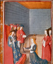 Karolingische Dynastie: „Karolingischer König Karl II., genannt der Kahle (823-877), übernimmt das westliche Reich nach dem Tod seines Vaters Ludwig der Fromme im Jahr 840“. Miniatur aus „Les grandes Chroniques de France“ 15. Jahrhundert Turin, Nationalbib