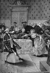 Fall des Halsbands, der Prozess (1785-1786). Vor dem Parlament von Paris wirft Jeanne de Valois-Saint-Remy einen Kerzenhalter