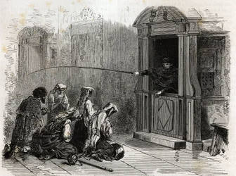 Katholische Gläubige im Gebet, die gewöhnliche Buße empfangen, Peitschenhiebe, die von einem Priester aus dem Beichtstuhl verabreicht werden. Illustration der Geschichte der Karwoche in Rom, 1863, von Ludovic Celler, in 