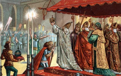 Karl der Große (742-814) gekrönt von Papst Leo III. (ca. 750-816) in der Petersbasilika in Rom am 25. Dezember 800