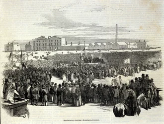 Chartisten-Demonstration in Kennington Common: eine politische Arbeiterbewegung, Vorläufer des Sozialismus. Gravur von 1848