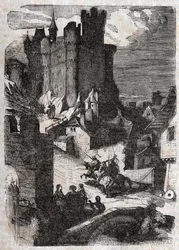 Schloss Marganor - Gravur von 1851 aus „Furioser Roland“ (Orlando furioso) (16. Jahrhundert) von Ludovico Ariosto, bekannt als der Ariosta - Ausgabe übersetzt aus dem Italienischen von Graf von Tressan und veröffentlicht von Gustave Harvard