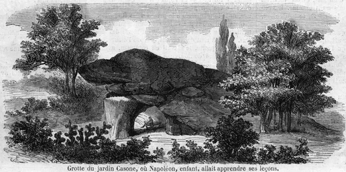 Kindheit von Napoleon I.: Ansicht der Höhle im Garten Casone auf Korsika, wo Napoleon (1769-1821) seine Lektionen lernte. Gravur des 19. Jahrhunderts.