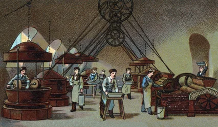 Schokoladenherstellung: Mahlwerkstatt. Chromolithographie aus dem späten 19. Jahrhundert