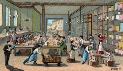 Schokoladenherstellung: Verpackung, Versand. Chromolithografie aus dem späten 19. Jahrhundert
