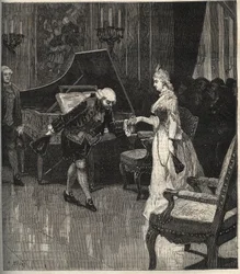 Christoph Willibald Gluck vor der Königin Marie-Antoinette in Trianon - Christoph Willibald Gluck (1714-1787), deutscher Komponist, spielt vor Königin Marie Antoinette in Trianon - Gravur in „Populäre Musik“ illustriertes Wochenblatt - 1882