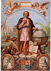 Christoph Kolumbus. Links Porträt von Isabella der Katholischen, Königin von Kastilien (1451-1504). Spanische Chromolithographie des 19. Jahrhunderts