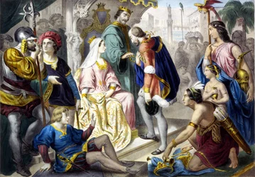 Christoph Kolumbus vor dem katholischen König Ferdinand II. von Aragon und Königin Isabella I. von Kastilien bei seiner Rückkehr aus Amerika.