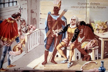 Christoph Kolumbus kehrt als Gefangener nach Spanien zurück. Chromolithographie aus dem 19. Jahrhundert