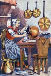 Aschenputtel in seiner Küche, Illustration für „Aschenputtel“, Märchen von Charles Perrault (1628-1703), französischer Schriftsteller. Anonyme Illustration.