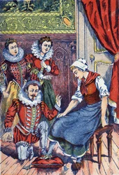 Aschenputtel probiert den Schuh an. Anonyme Illustration für „Aschenputtel“, Märchen von Charles Perrault (1628-1703), französischer Schriftsteller. Bildmaterial Marcel Vagne, Jarville Nancy, undatiert (spätes 19. Jahrhundert)
