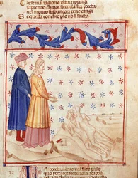 Kreis der Verräter: Dante und Virgil treffen Ugolino della Gherardesca, Tyrann von Pisa, der wegen Verrats an der Heimat verurteilt wurde. Illustrierte Seite des 33. Gesangs der Hölle aus der „Divina Commedia“