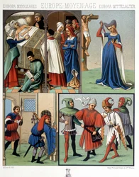 Zivile Kostüme im Mittelalter vom 14. bis 15. Jahrhundert. In „The historical costume“ von A. Racquet