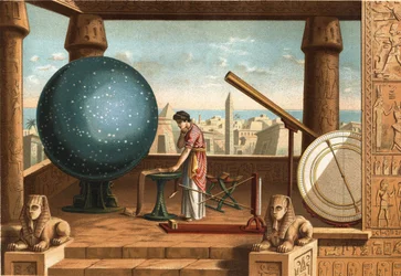 Klaudios Ptolemaios (ca. 100 - ca. 170), griechischer Gelehrter und Astronom, im Observatorium von Alexandria (Ägypten). Barcelona 1877.