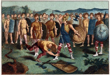 Clovis (465-511) und der fränkische Krieger, der 486 die Vase von Soissons zerbrach - Clovis I. erschießt den Soldaten, der die Vase von Soissons zerbrochen hatte, 486. Chromolithographie aus dem 19. Jahrhundert