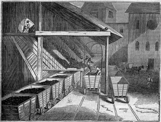 Kohlenmine: Kohle, die aus der Mine gewonnen wird, wird auf Karren zu Gießereien, Zügen und Schiffen verladen. In „Der malerische Laden“ 1835