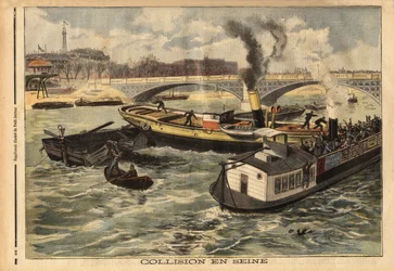 Kollision auf der Seine zwischen einem englischen Dampfschiff und einem Pariser Omnibus-Peniche, in Höhe der königlichen Brücke. Gravur in „Le petit journal“ 7/02/1897. Selva Sammlung.