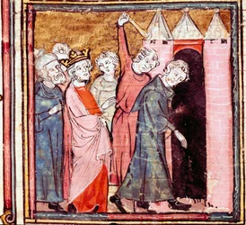 Verschwörung gegen Ludwig den Frommen, Kaiser des Westens, sein Sohn Lothar zwingt ihn zur öffentlichen Buße im Kloster Saint Medard de Soissons im Jahr 833 (Miniatur aus „Grandes Chroniques de France“)
