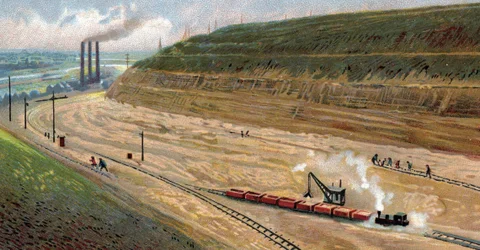 Bau des Albertkanals in den 1930er Jahren, der den Hafen von Lüttich mit dem Hafen von Antwerpen verbindet, Belgien, Chromolithographie
