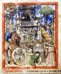 Bau des Turms von Babel. Miniatur aus Codex 212 (oder Padovaner Kodex oder Bibel von Padua) 1390-1400 Rovigo, Accademia dei Concordi