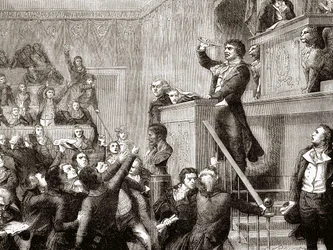Konvention vom 21. September 1792: Jean Paul Marat am Rednerpult - Gravur in „Geschichte Frankreichs“ von Henri Martin