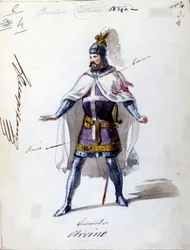 Kostüm für die Oper „I Lombardi“ oder „Die Lombarden auf dem ersten Kreuzzug“ komponiert von Giuseppe Verdi (1813-1901) im Jahr 1843. Anonyme Aquarellzeichnung. Alvino-Charakter für die Aufführung an der Scala in Mailand
