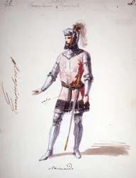 Kostüm für die Oper „I Lombardi“ oder „Die Lombarden auf dem ersten Kreuzzug“ komponiert von Giuseppe Verdi (1813-1901) im Jahr 1843. Anonyme Aquarellzeichnung. Charakter von Raimondo für die Aufführung an der Scala in Mailand