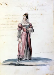 Kostüm einer jungen Dame des Adels von Syrakus, gezeichnet von Gironi für die Oper „Tancredi“ von Gioacchino Rossini. 1813