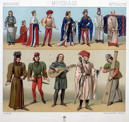 Kostüme und Musiker im Mittelalter vom 13. bis zum 15. Jahrhundert. Aus „Das historische Kostüm“ von A. Racinet