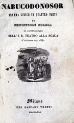 Titelblatt des ersten Librettos von Nabucco von Giuseppe Verdi (1813 - 1901), das ursprünglich Nabucodonosor hieß