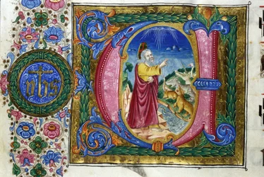 Die Schöpfung: Gott vor den Geschöpfen der Erde. Manuskript aus dem 15. Jahrhundert. Biblioteca Nazionale Braidense, Mailand.