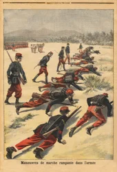 Krabbelmanöver in der Armee, Experimentieren mit neuen Tamponarmbändern, die die Handflächen schützen. Gravur in „Le petit journal“ 16/08/1896. Selva Sammlung.