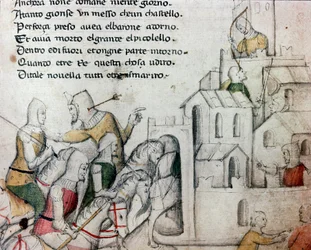 Kreuzfahrer greifen eine maurische Festung an. Illustration zum toskanischen Gedicht „Febusso e Breusso“. Manuskript MS.B.R.45. 15. Jahrhundert. Florenz, Biblioteca Nazionale
