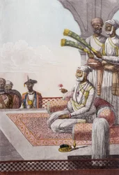Kultur, Zivilisation und indische Gesellschaft: Porträt eines Radjah (Rajah), Herrscher der Brahmanen, Indien. Gravur von 1808
