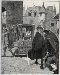 Besteck: Schiffer umringen den Stuhl von Marie de Rabutin-Chantal, Marquise de Sevigne, um ihm beim Eintreffen in Nogent (Haute Marne) im Jahr 1675 Messer zu verkaufen. Gravur von 1885 in „Les arts et metiers illustres“