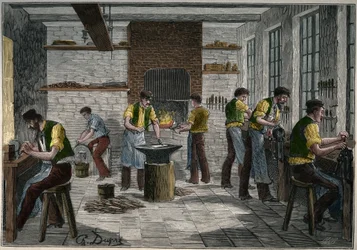 Besteckwerkstatt in Frankreich im 19. Jahrhundert. Gravur von 1885 in „Les arts et métiers illustrés“ von Adolphe Bitard.