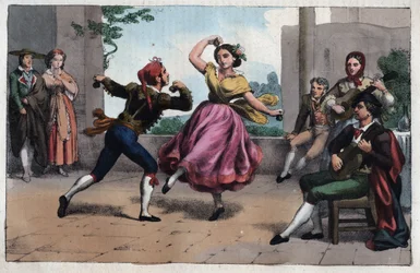 Bolero-Tanz und Trachten von Granada - Stich aus „Usi e Costumi di Tutti i Popoli dell