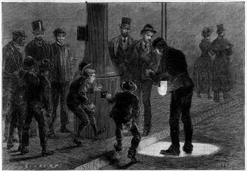 Tod durch Elektrizität: Elektrisierung mit elektrischen Straßenlaternen am Place du Carrousel in Paris. Gravur in „La Nature: revue des sciences et de leurs applications aux arts et a l