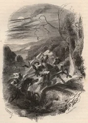 Tod von Indutiomarus, Anführer der Treverer, getötet von der römischen Armee im Jahr 53 v. Chr. Gravur von 1868 in „Histoire de Belgique von den frühesten Zeiten bis zum Ende der Herrschaft von Leopold I.“ von Theodore Juste (1818-1888). Private Sammlung.