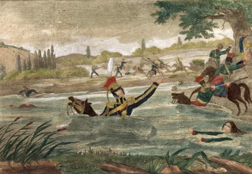 Tod von Prinz Joseph Antoni Poniatowski (geboren 1763) beim Übergang der Elster im Jahr 1813, zeitgenössische Gravur