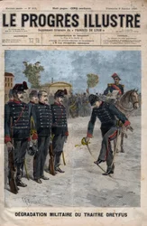 Degradierung von Alfred Dreyfus - Dreyfus-Affäre: Die Degradierung von Alfred Dreyfus im Hof der Militärschule, Paris, 5. Januar 1895 - Gravur in „Der illustre Fortschritt“ von 1895