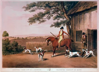 Aufbruch zur Jagd am frühen Morgen eines Jägers und seiner Hunde in England. Gravur des 19. Jahrhunderts. Gien, Jagdmuseum