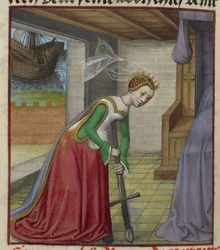 Detail einer Miniatur, die zeigt, wie Dido sich in ihr Schwert stürzt und nach Aeneas